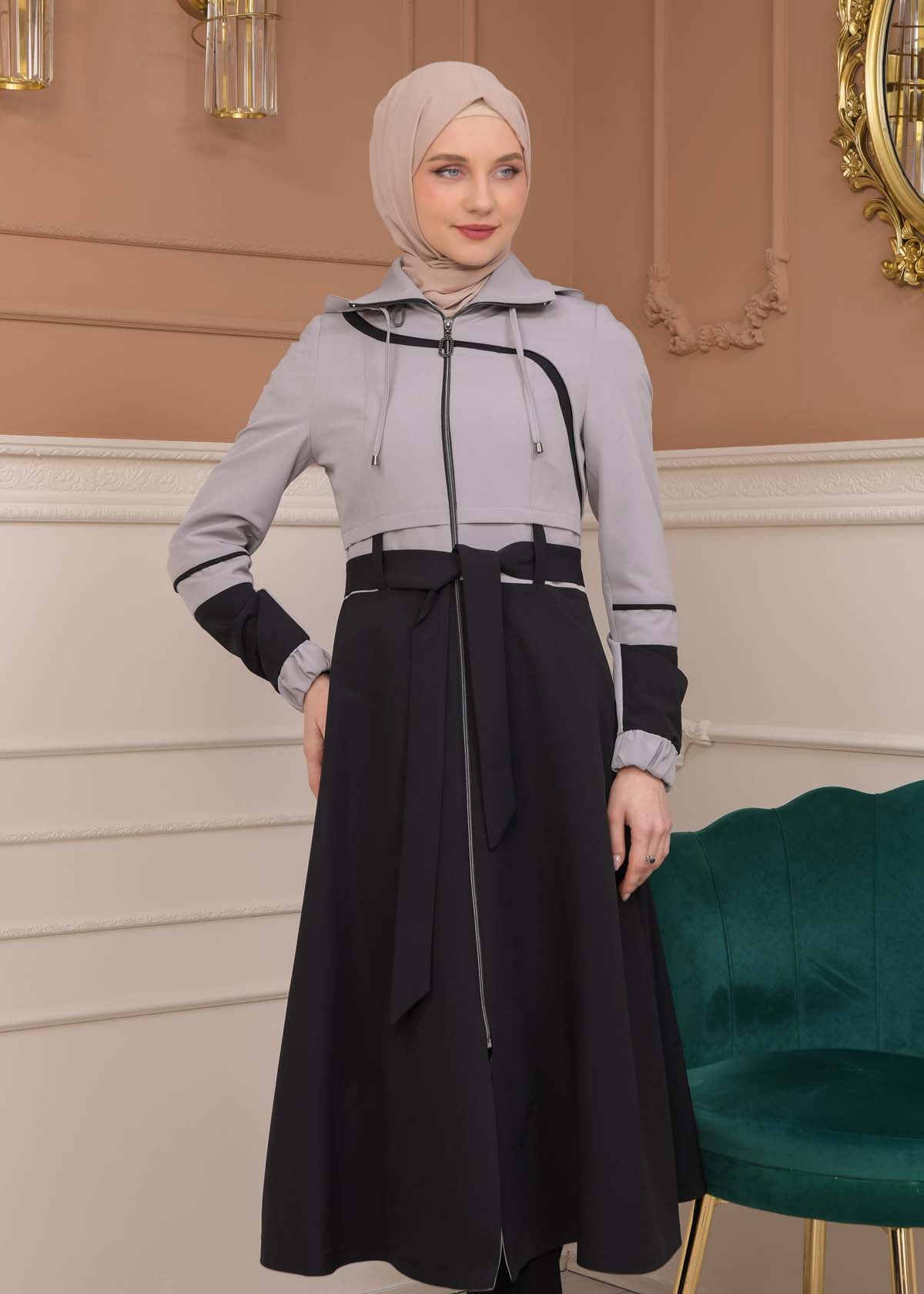 Regen-Trenchcoat aus Fallschirmstoff mit abnehmbarer Kapuze 1223 - Grau