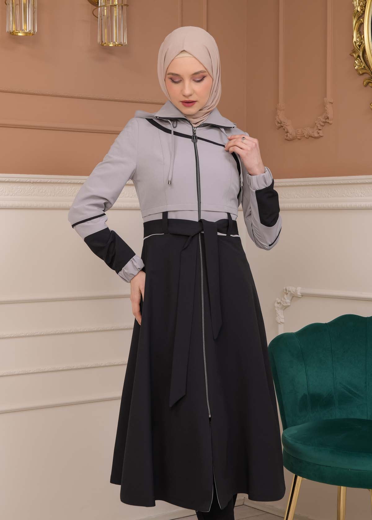 Regen-Trenchcoat aus Fallschirmstoff mit abnehmbarer Kapuze 1223 - Grau