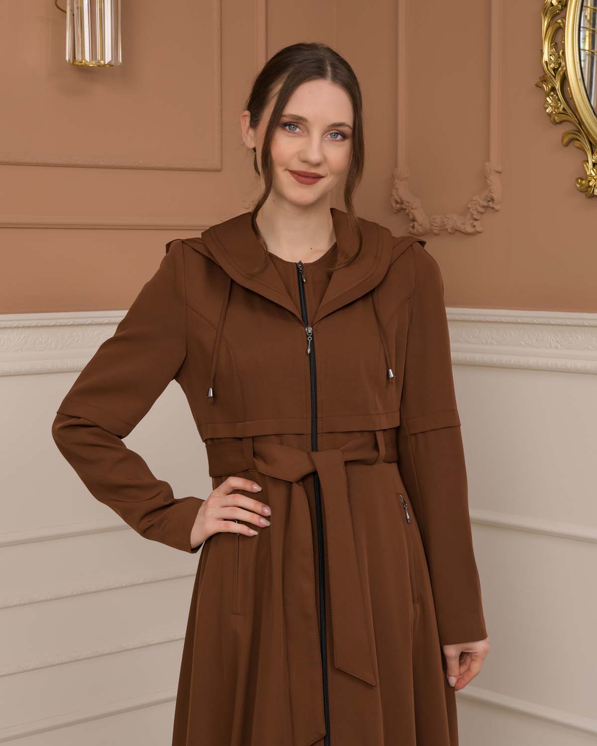 brada-Stoff Manto mit Bolero-Reißverschluss und Satinfutter 1225 - Cognac