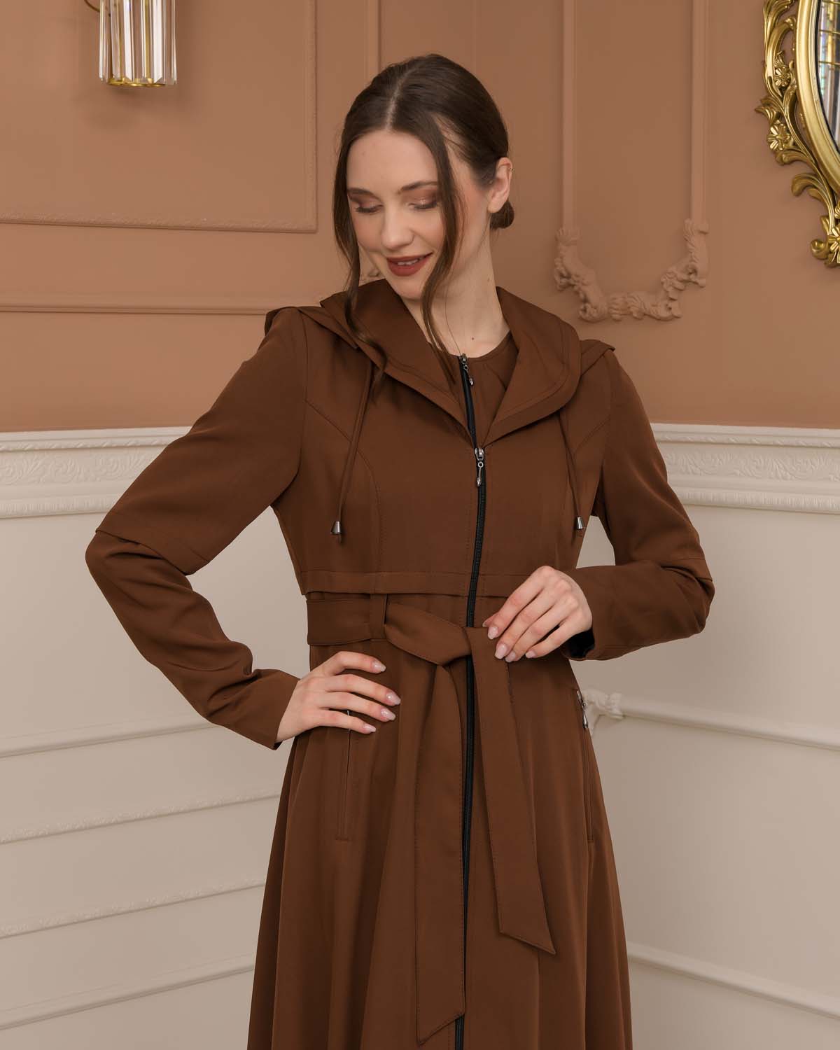 brada-Stoff Manto mit Bolero-Reißverschluss und Satinfutter 1225 - Cognac