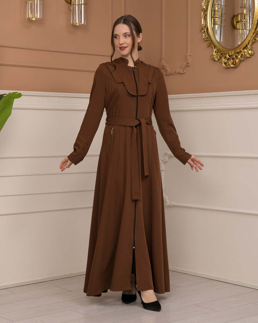 Luxuriöser Prada-Stoff Manto mit Satinfutter und Kapuze 1226 - Cognac