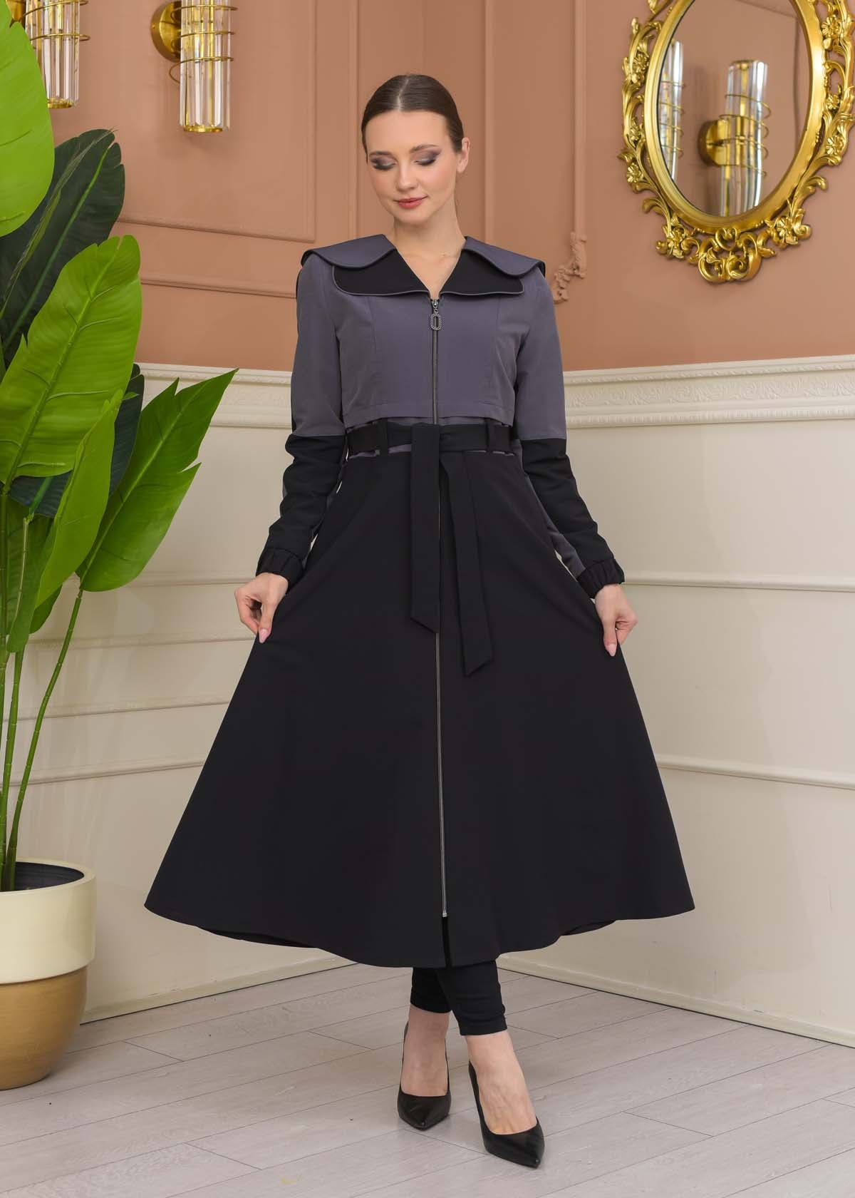 Damen Trenchcoat Frühling/Sommer Ausgestellt (Cloche) Koreanisches Parachute-Gewebe mit Stehkragen 1229 - Anthrazit