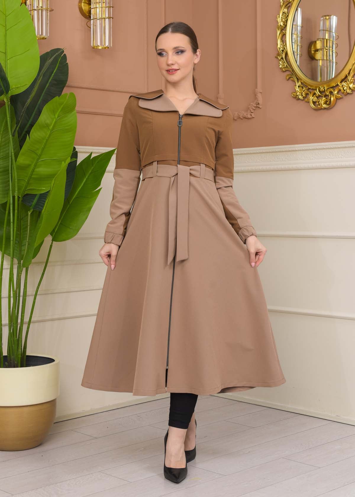 Damen Trenchcoat Frühling/Sommer Ausgestellt (Cloche) Koreanisches Parachute-Gewebe mit Stehkragen 1229 - Cognac