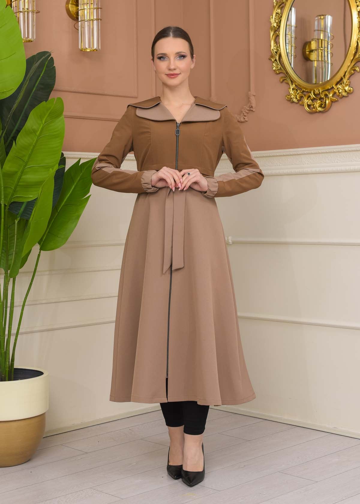 Damen Trenchcoat Frühling/Sommer Ausgestellt (Cloche) Koreanisches Parachute-Gewebe mit Stehkragen 1229 - Cognac
