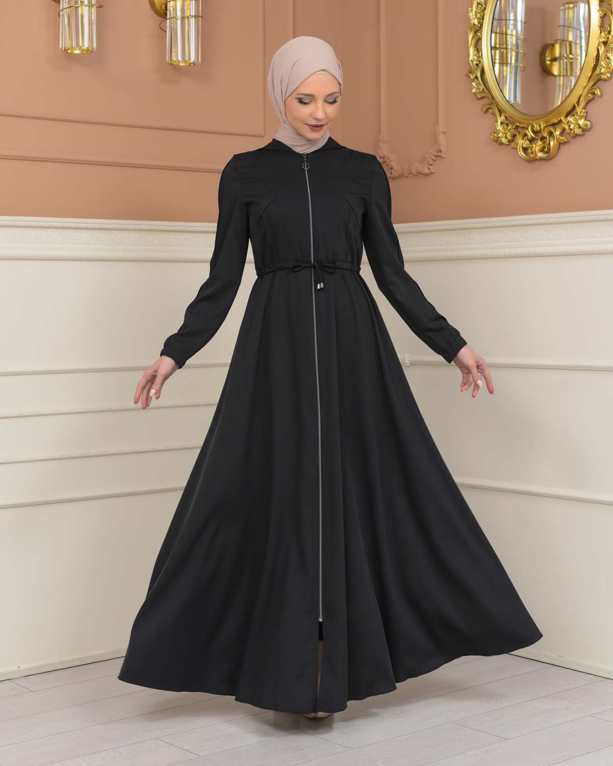 Womens Hooded Abaya with Detachable Belt 694 - Schwarz