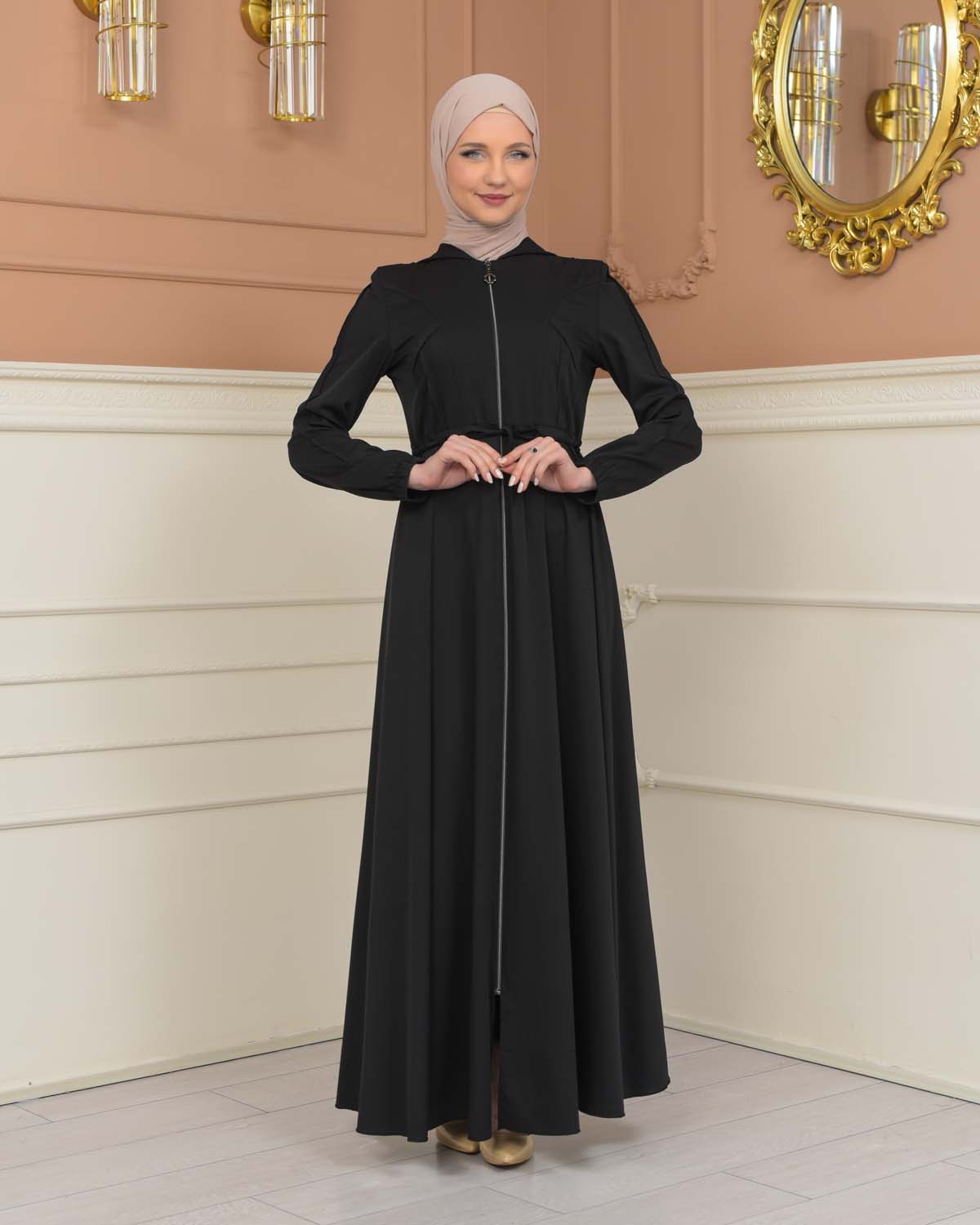 Womens Hooded Abaya with Detachable Belt 694 - Schwarz