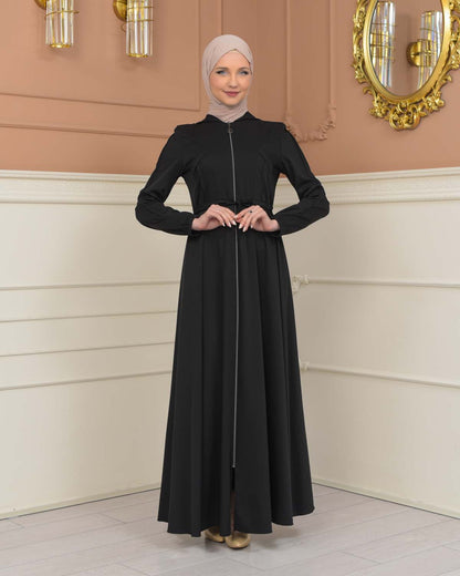 Womens Hooded Abaya with Detachable Belt 694 - Schwarz