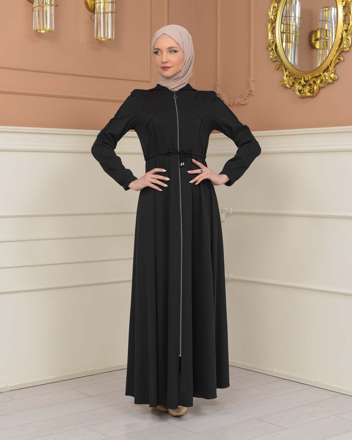 Womens Hooded Abaya with Detachable Belt 694 - Schwarz