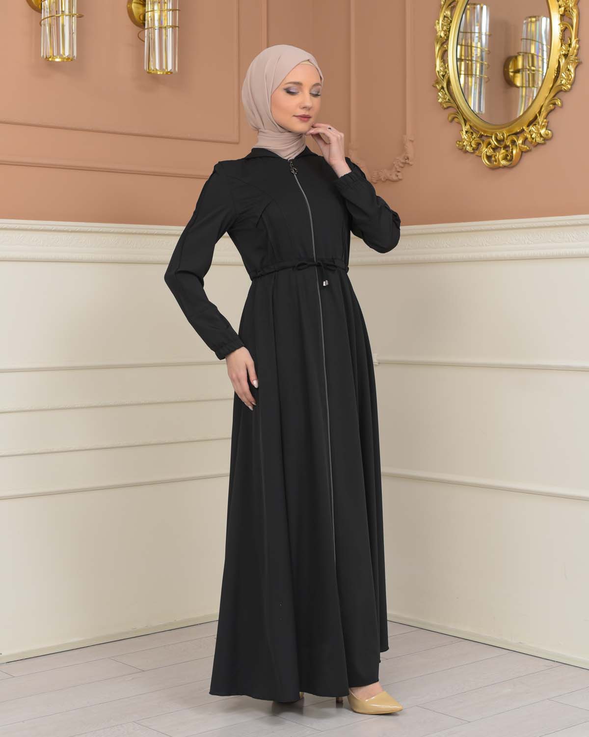 Womens Hooded Abaya with Detachable Belt 694 - Schwarz