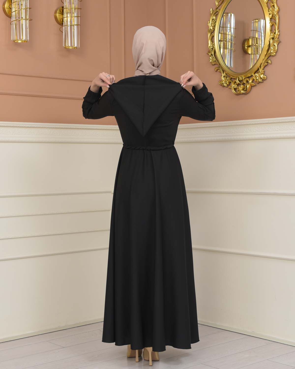 Womens Hooded Abaya with Detachable Belt 694 - Schwarz