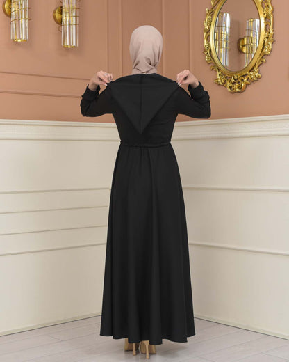 Womens Hooded Abaya with Detachable Belt 694 - Schwarz
