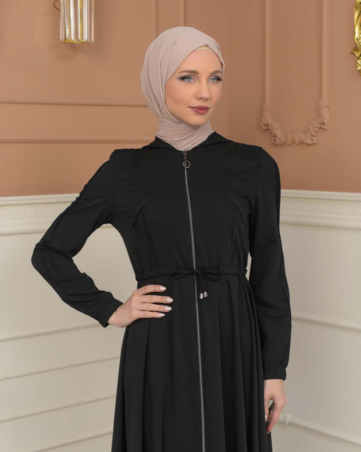 Womens Hooded Abaya with Detachable Belt 694 - Schwarz