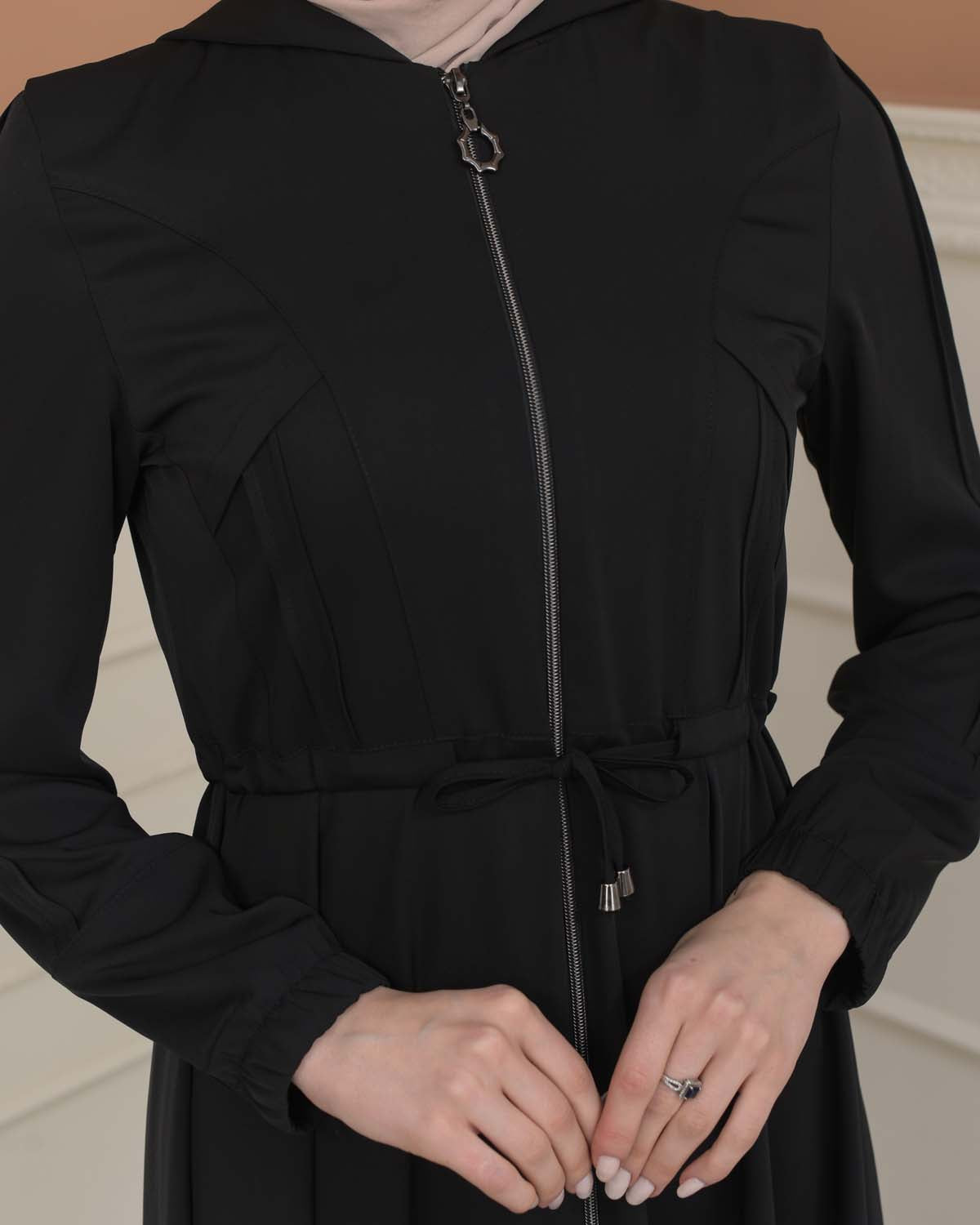Womens Hooded Abaya with Detachable Belt 694 - Schwarz