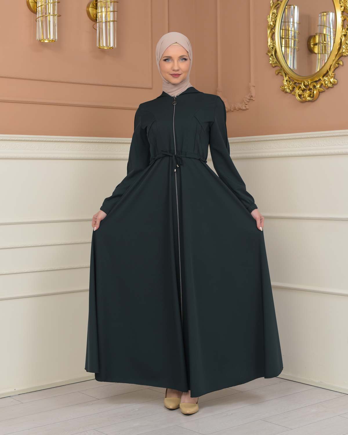 Womens Hooded Abaya with Detachable Belt 694 - Khaki