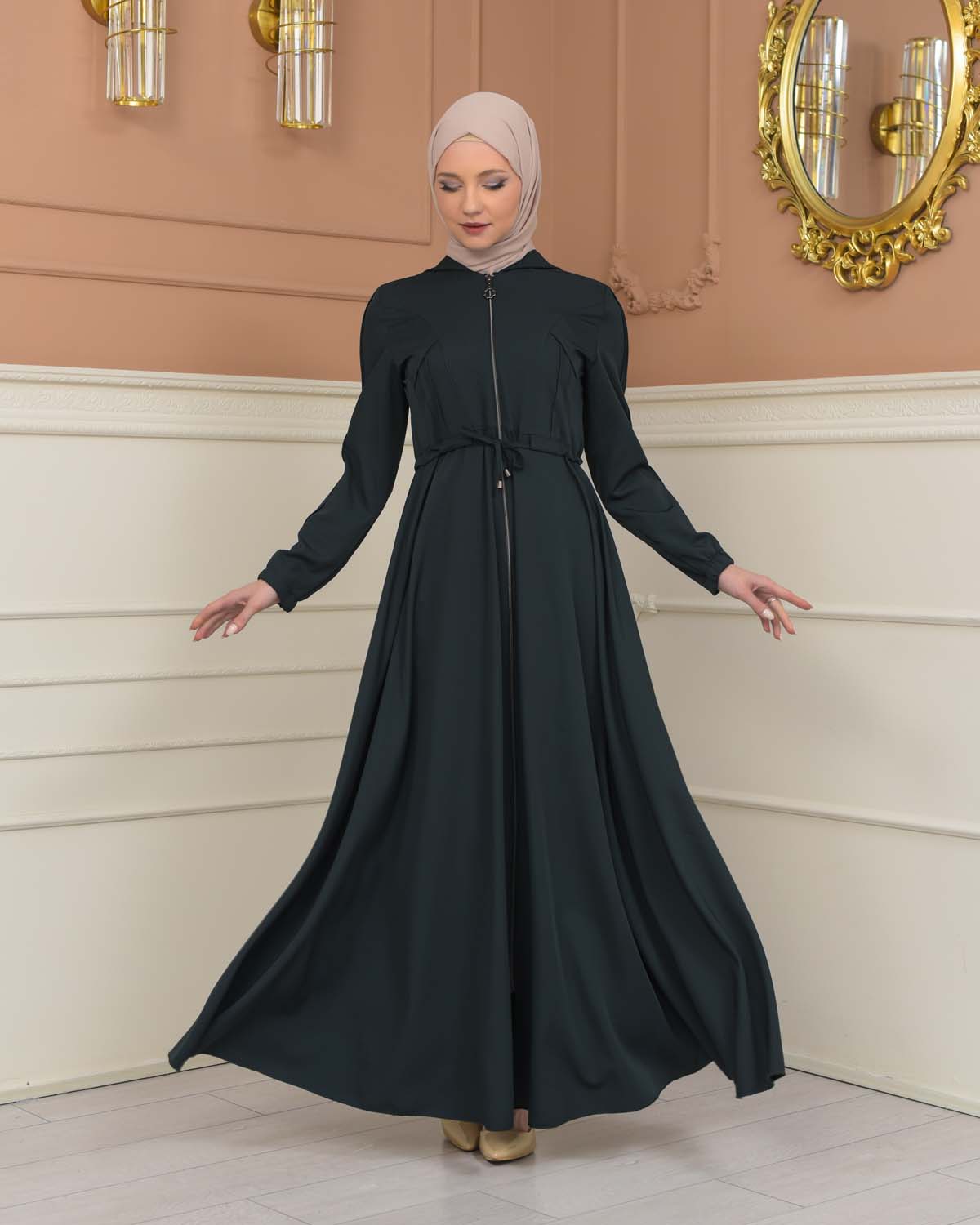 Womens Hooded Abaya with Detachable Belt 694 - Khaki