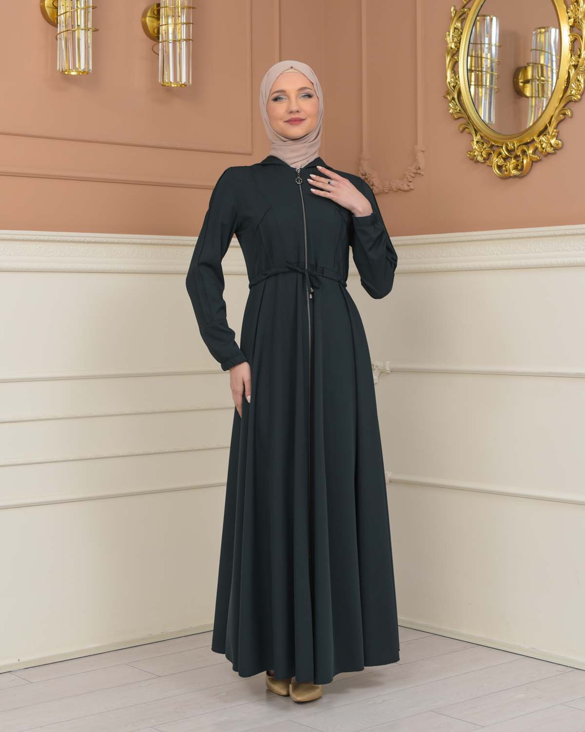 Womens Hooded Abaya with Detachable Belt 694 - Khaki