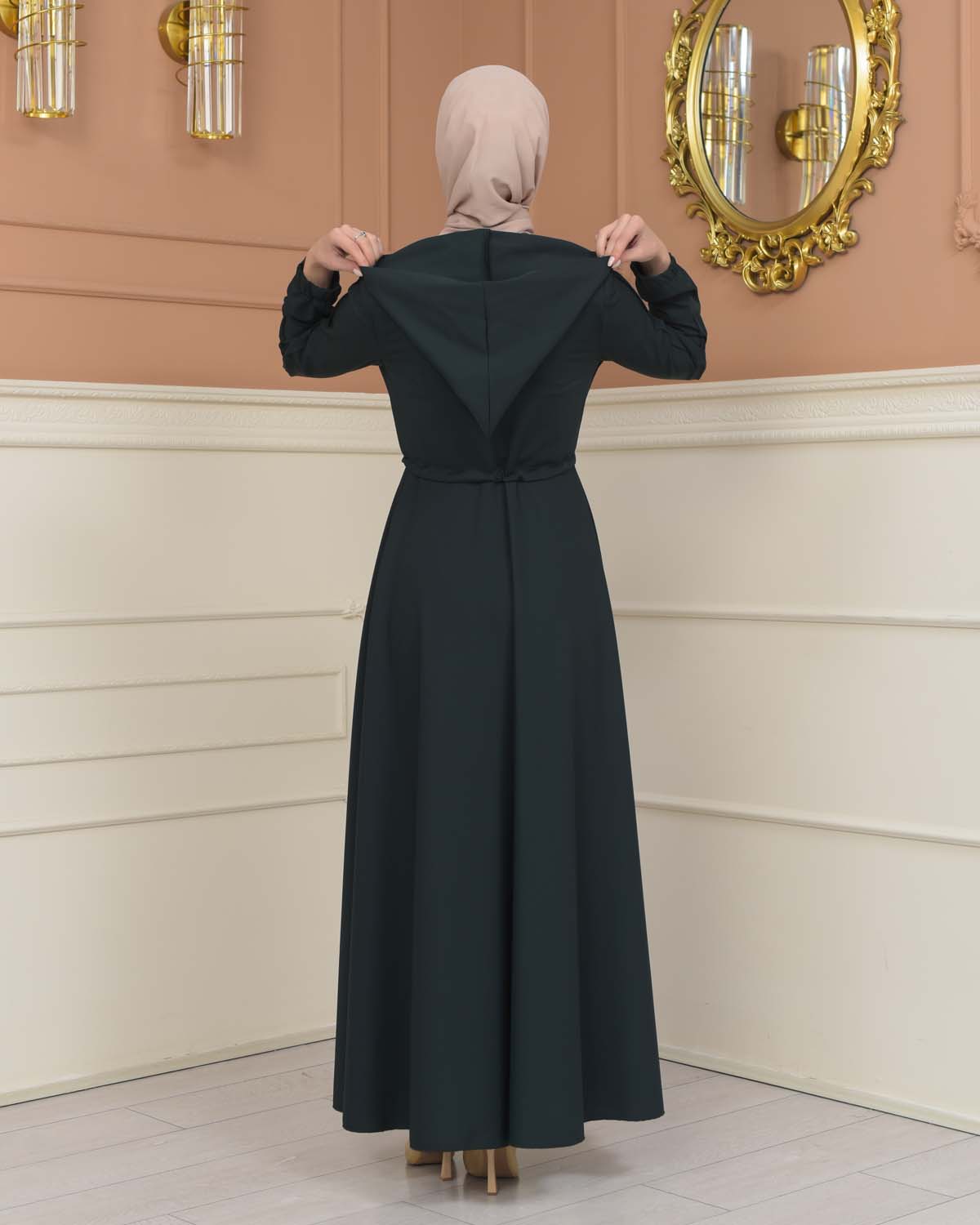 Womens Hooded Abaya with Detachable Belt 694 - Khaki