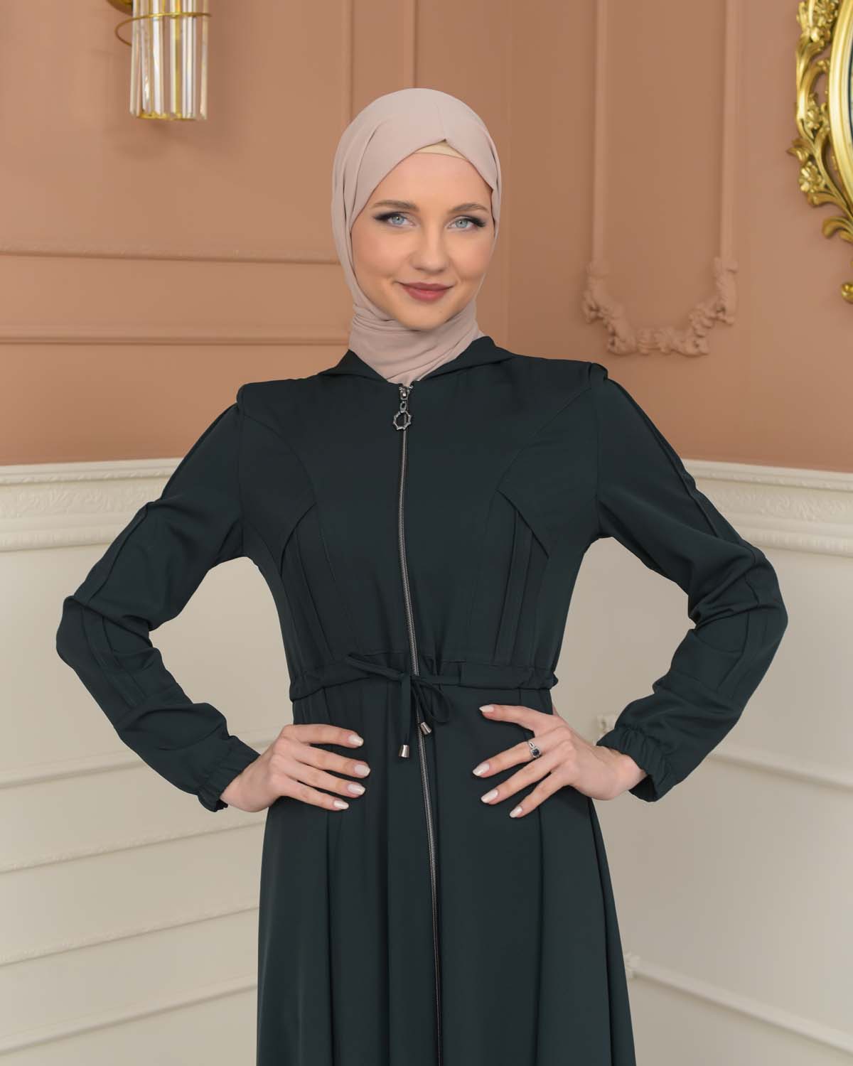 Womens Hooded Abaya with Detachable Belt 694 - Khaki