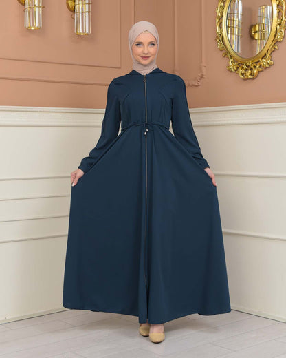 Womens Hooded Abaya with Detachable Belt 694 - Türkis