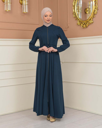 Womens Hooded Abaya with Detachable Belt 694 - Türkis