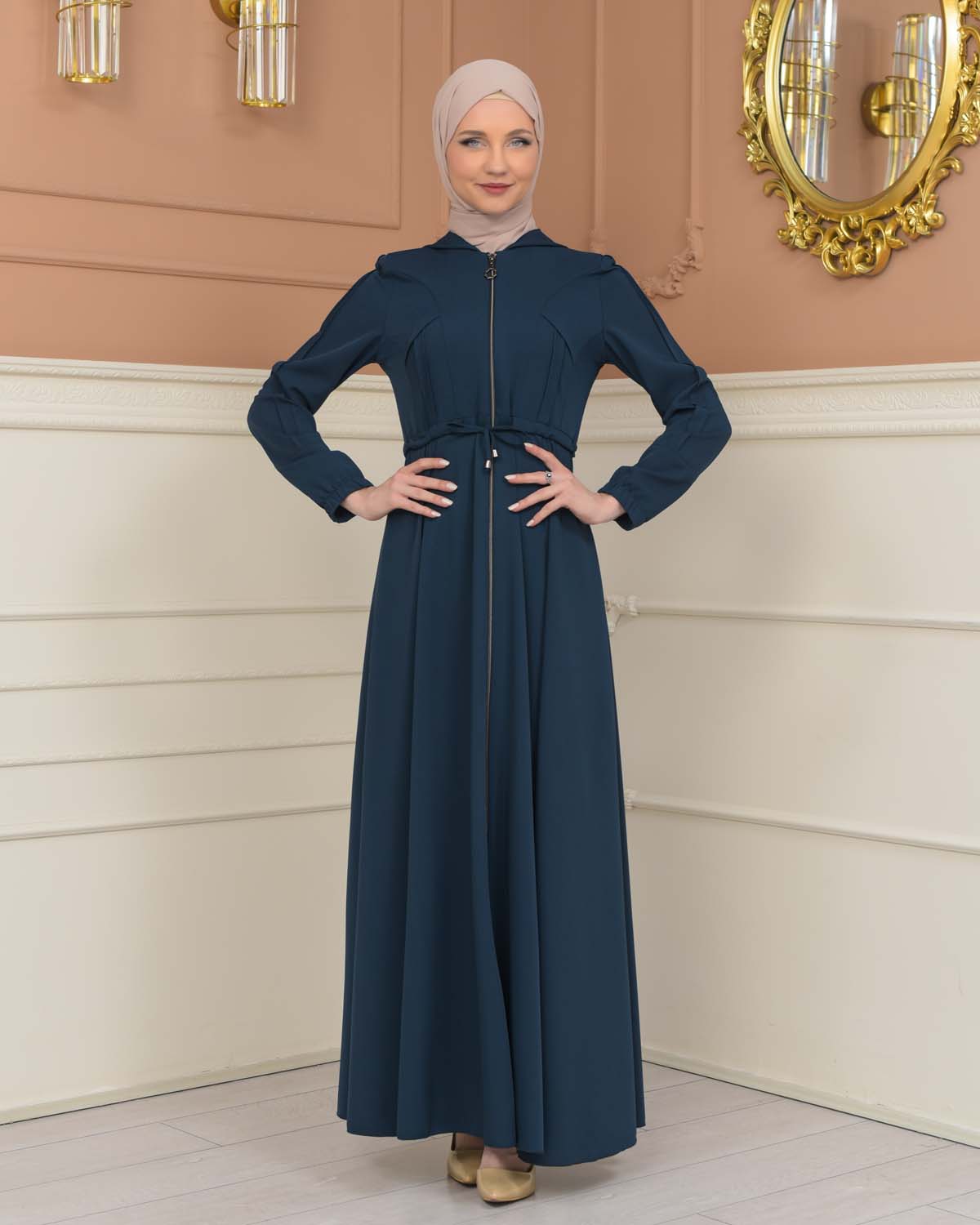 Womens Hooded Abaya with Detachable Belt 694 - Türkis