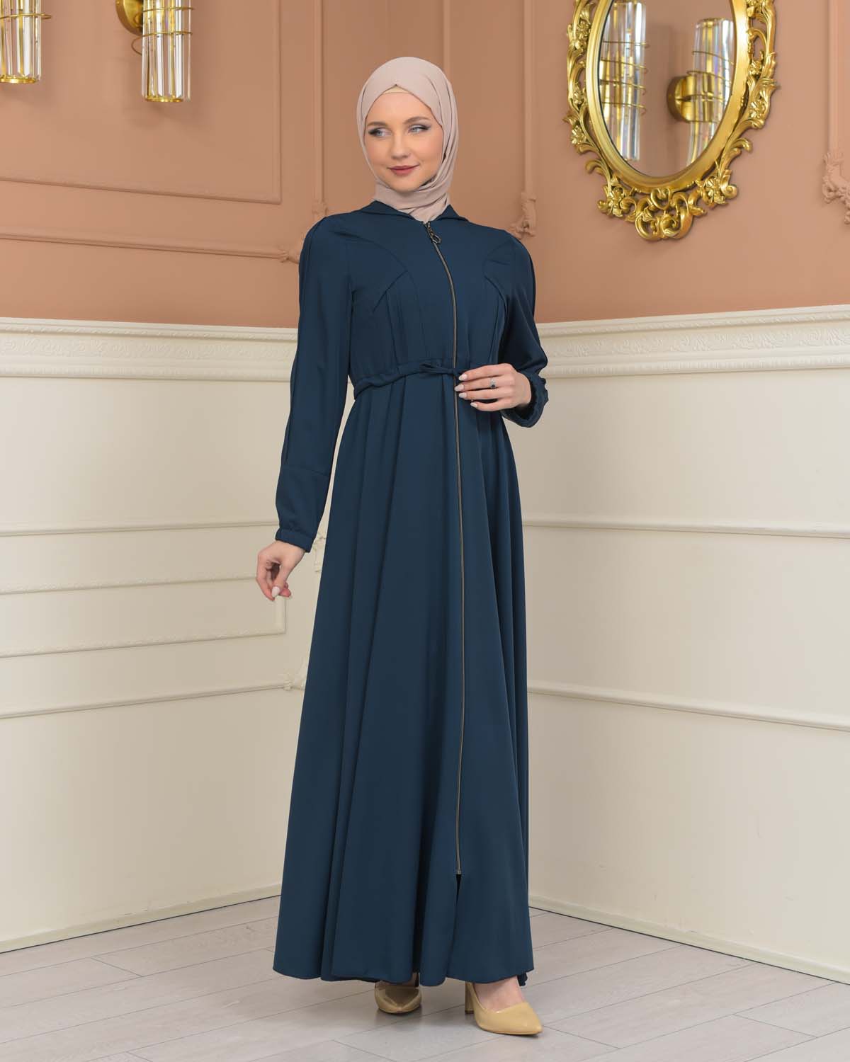 Womens Hooded Abaya with Detachable Belt 694 - Türkis