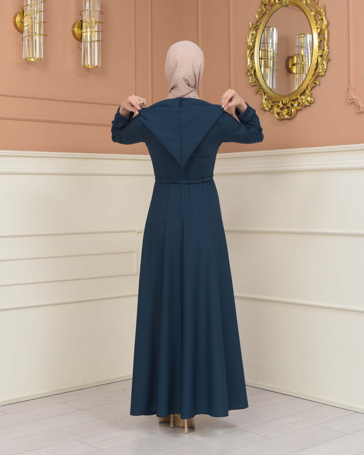 Womens Hooded Abaya with Detachable Belt 694 - Türkis