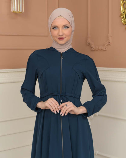 Womens Hooded Abaya with Detachable Belt 694 - Türkis