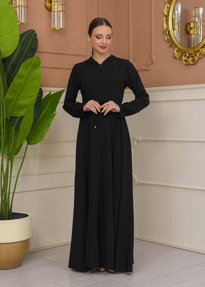 Hooded Abaya with Detachable Belt 686 - Schwarz