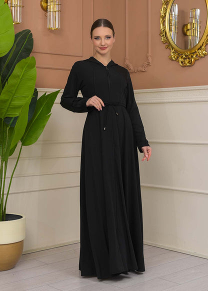 Hooded Abaya with Detachable Belt 686 - Schwarz