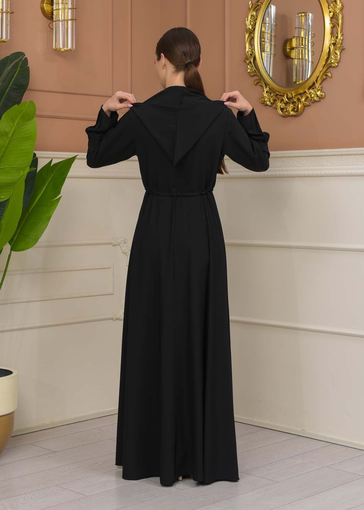 Hooded Abaya with Detachable Belt 686 - Schwarz