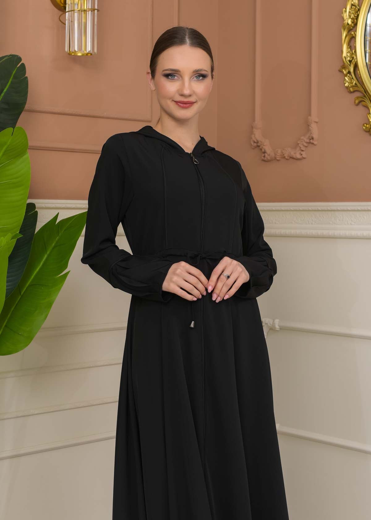 Hooded Abaya with Detachable Belt 686 - Schwarz