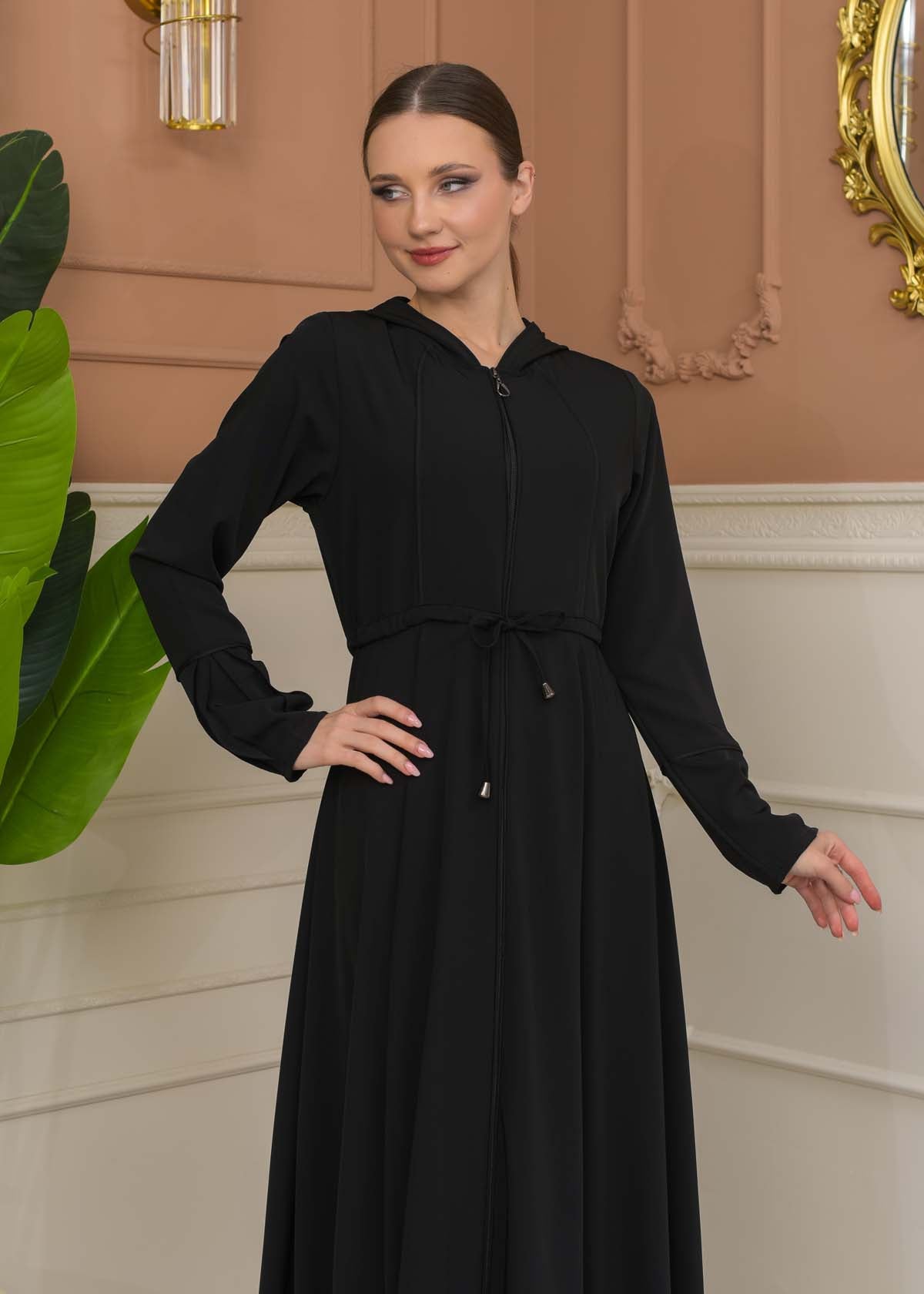Hooded Abaya with Detachable Belt 686 - Schwarz