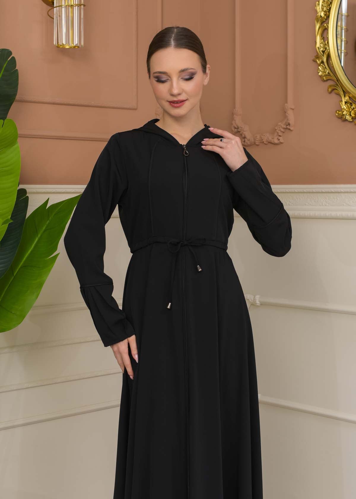 Hooded Abaya with Detachable Belt 686 - Schwarz