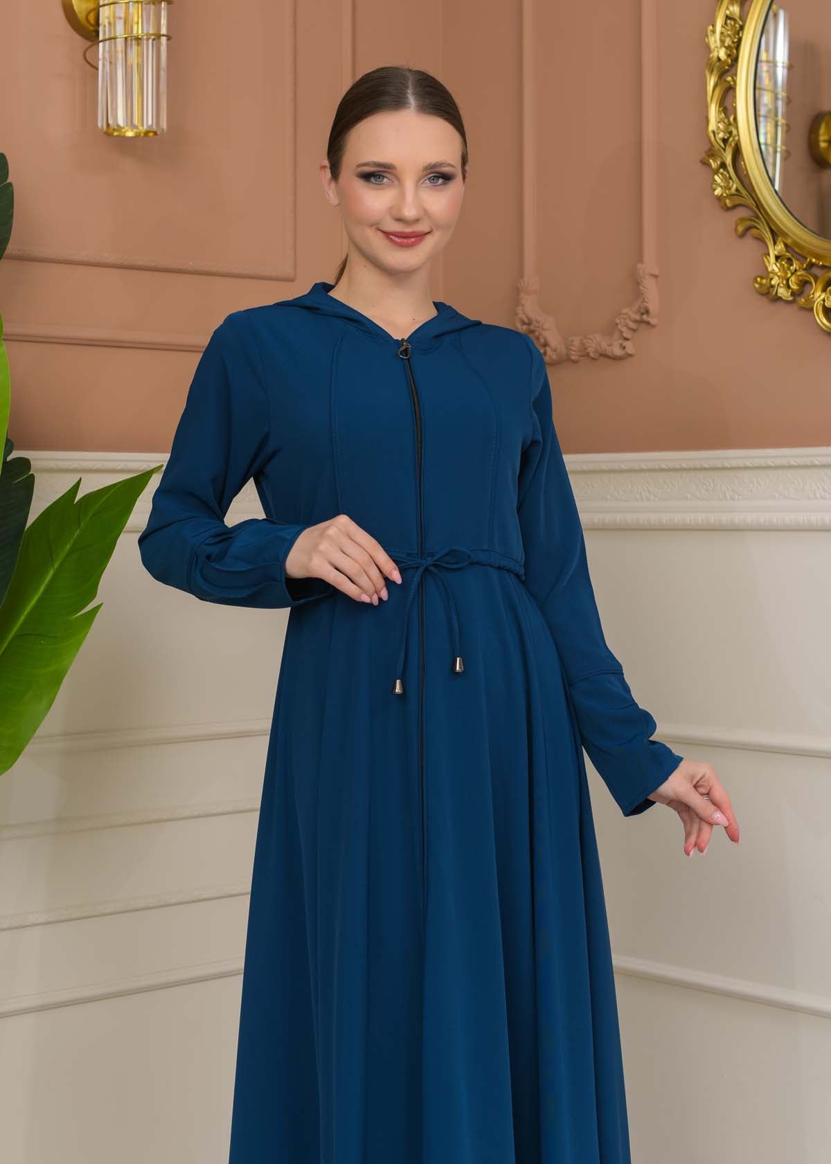 Hooded Abaya with Detachable Belt 686 - Türkis