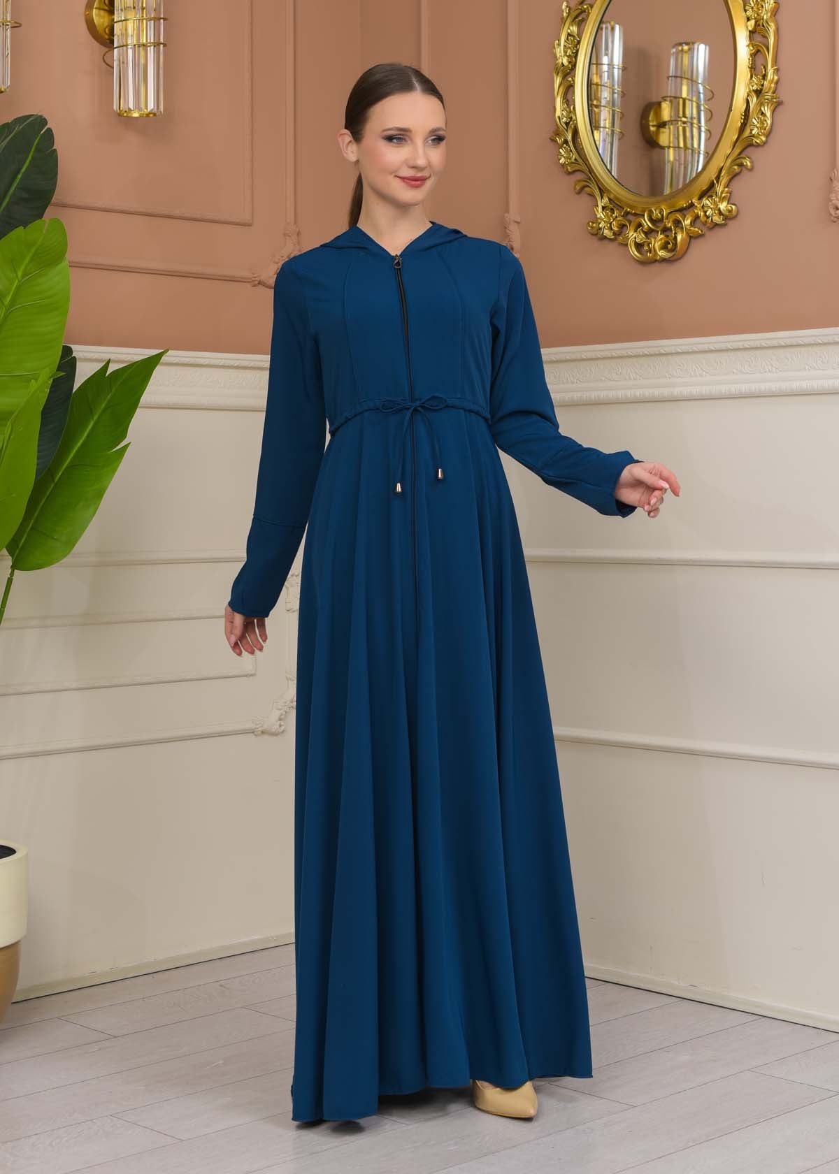 Hooded Abaya with Detachable Belt 686 - Türkis
