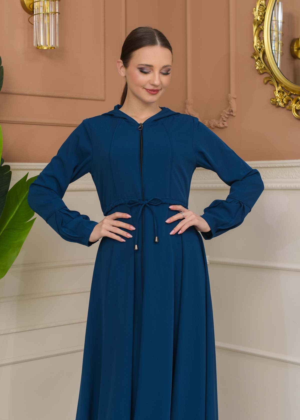 Hooded Abaya with Detachable Belt 686 - Türkis