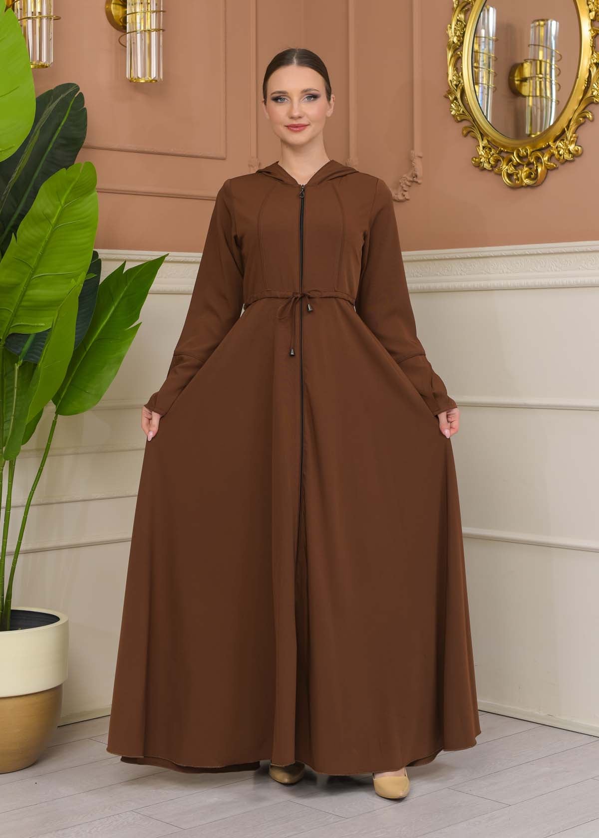 Hooded Abaya with Detachable Belt 686 - Cognac