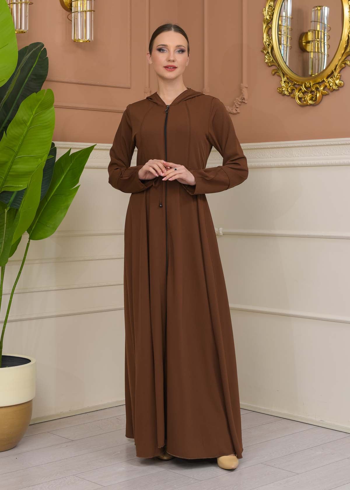 Hooded Abaya with Detachable Belt 686 - Cognac