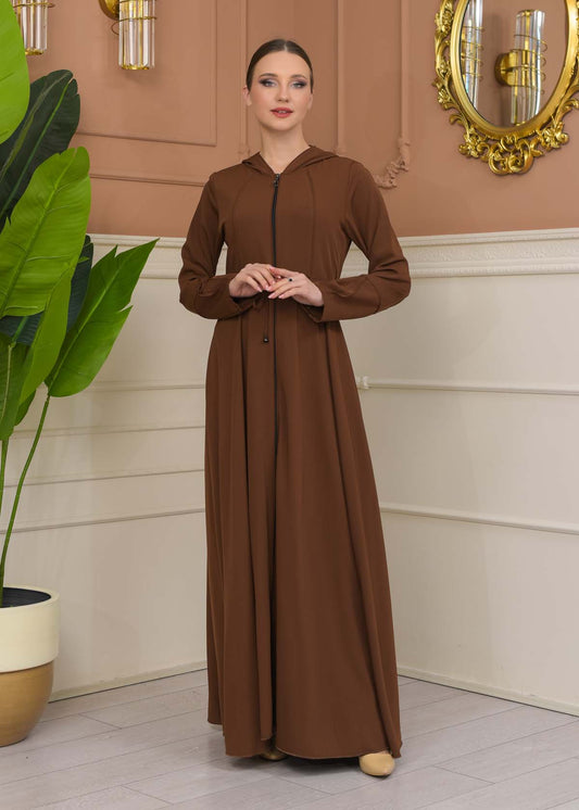 Hooded Abaya with Detachable Belt 686 - Cognac