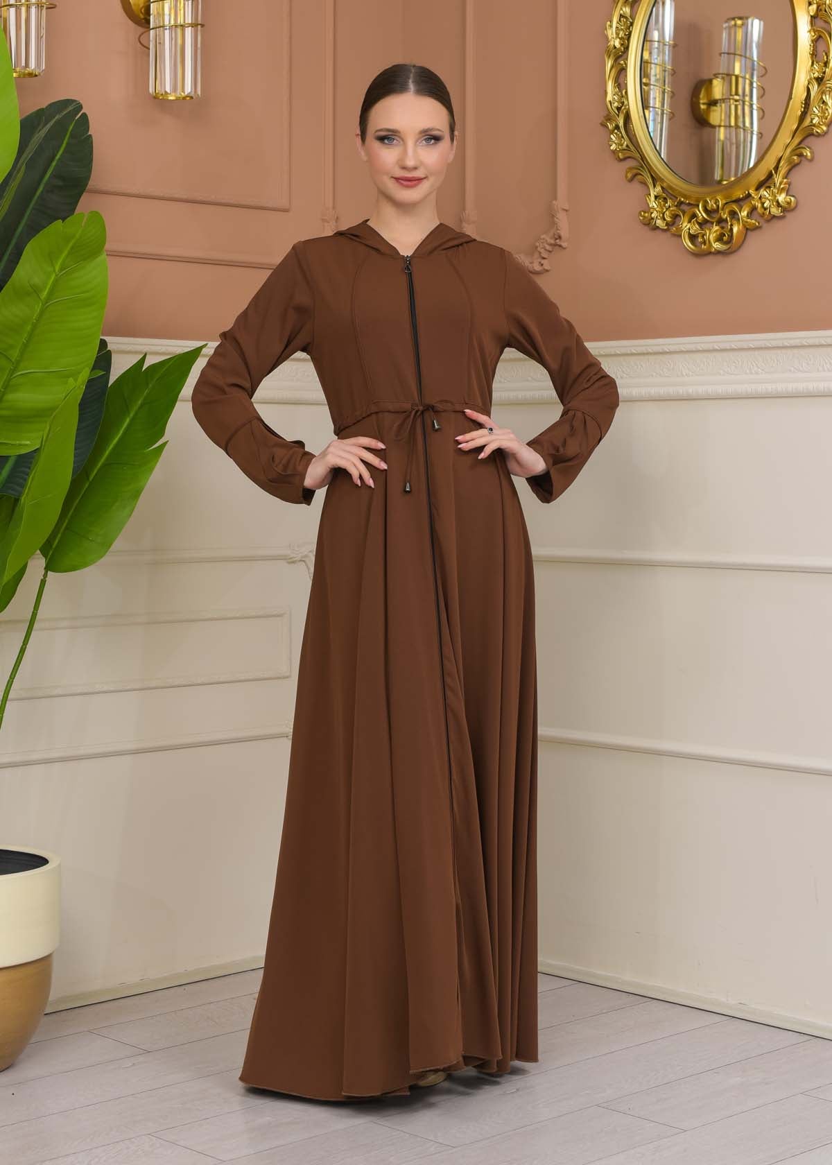 Hooded Abaya with Detachable Belt 686 - Cognac