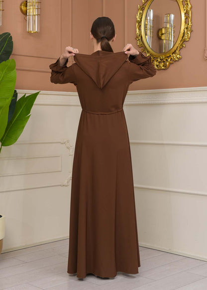 Hooded Abaya with Detachable Belt 686 - Cognac