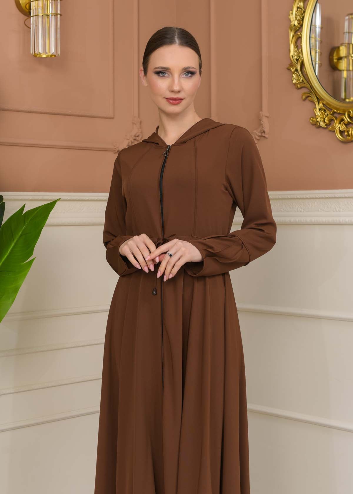 Hooded Abaya with Detachable Belt 686 - Cognac