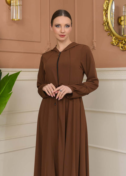 Hooded Abaya with Detachable Belt 686 - Cognac