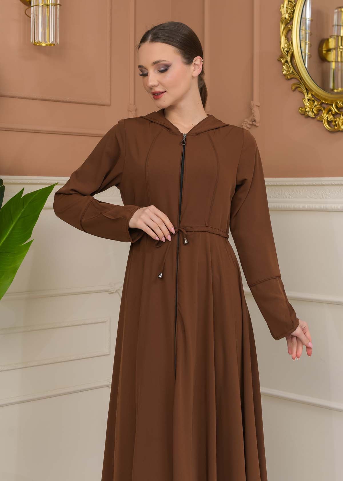 Hooded Abaya with Detachable Belt 686 - Cognac