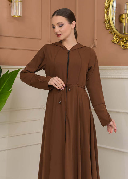 Hooded Abaya with Detachable Belt 686 - Cognac