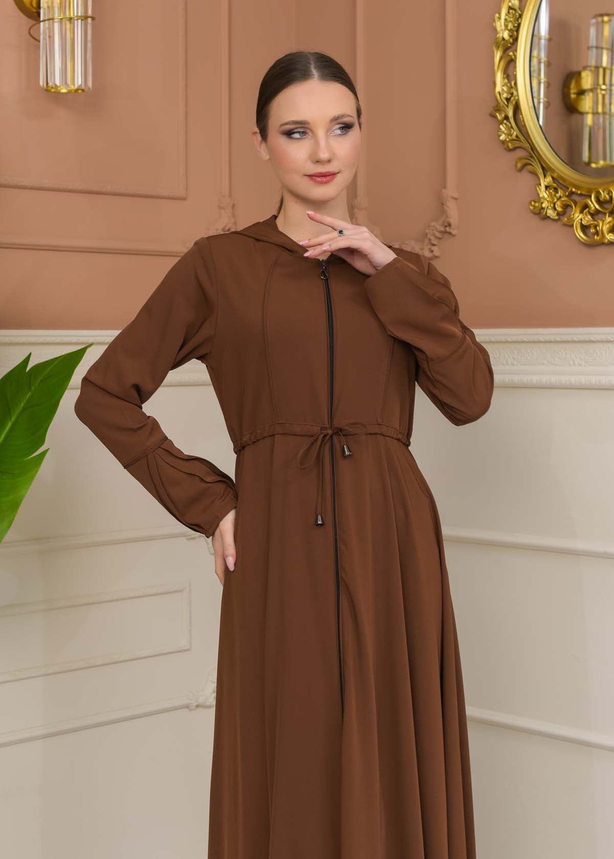 Hooded Abaya with Detachable Belt 686 - Cognac
