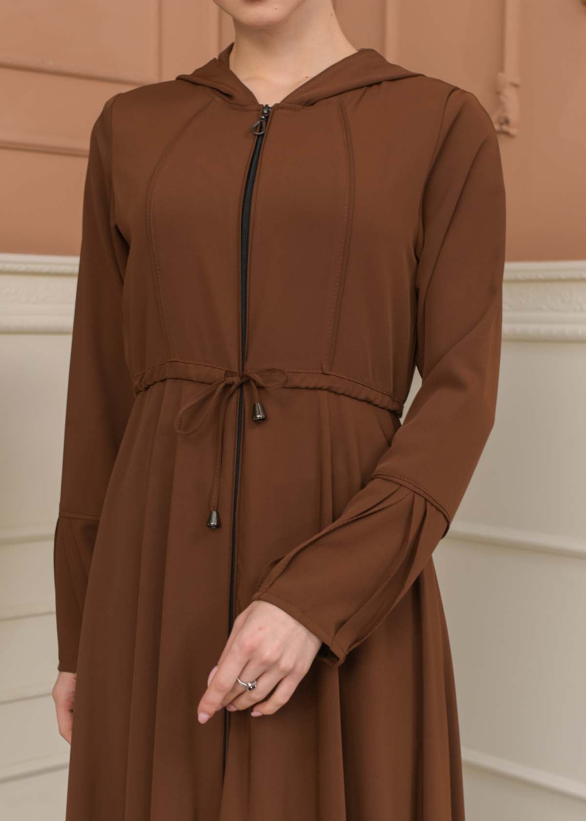 Hooded Abaya with Detachable Belt 686 - Cognac