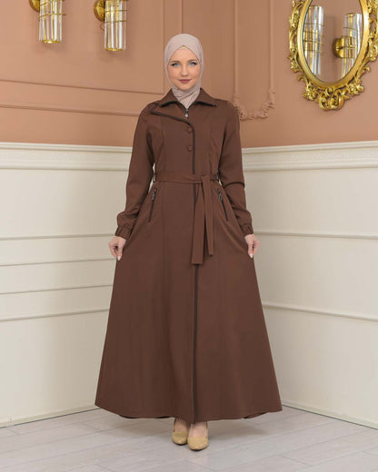 brada-Stoff Manto mit Satinfutter, abnehmbarer Kapuze und Knopfablikation 1230 - Cognac