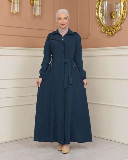 brada-Stoff Manto mit Satinfutter, abnehmbarer Kapuze und Knopfablikation 1230 - Türkis